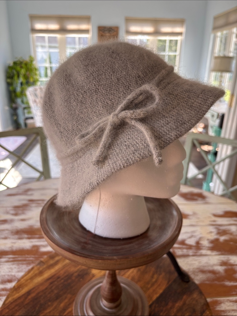 Womens Grey Wool Blend Cloche Hat with Bow